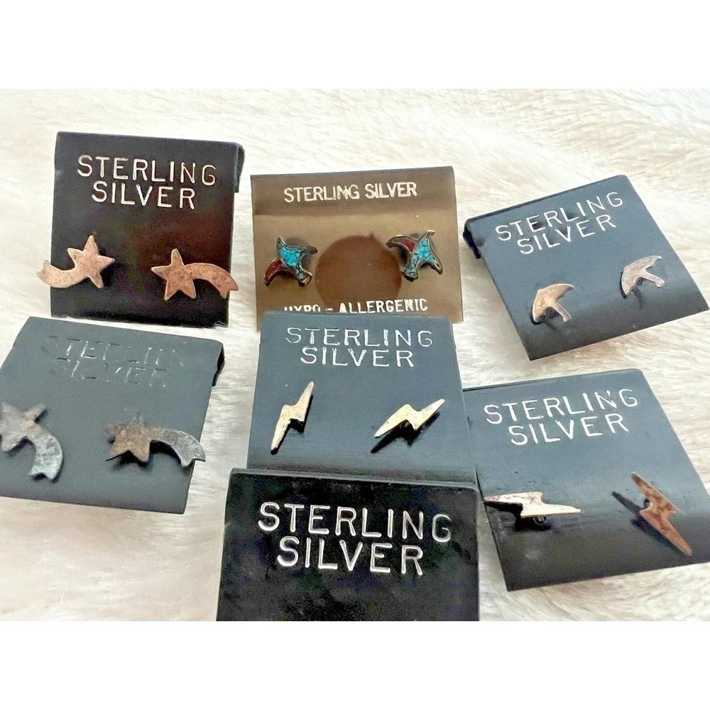 Lot Sterling Silver Stud Earrings Tiny Lightning Bolt Moon Star Rain Turquoise - Picture 3 of 13
